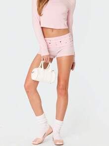 Women Fold Over Waist Shorts Stylish Rivet Studded Low Rise Slim Fit Mini Shorts for Beach Daily Wear - Rosa - Ver 2