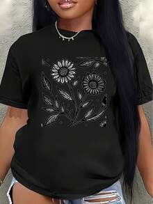 This Lightweight And Durable Short-Sleeved T-Shirt With A Floral Design Is Perfect For Home, Cafes, Or Outdoor Leisure Trips, Offering A Comfortable Everyday Wear Experience. Women's Blouses > Clothing - 黑色 - 查看 1