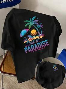 New Men's T-Shirt Made Of 180g Heavyweight Cotton, Featuring A Tropical Beach And Vacation Style, With A Front And Back Print. Fashionable And Short-Sleeved, Suitable For Casual Daily Wear And Outdoor Fitness Activities. Unique Double-Sided Pattern Design - Perfect For Spring And Autumn As An Inner Layer And For Summer As A Standalone Garment. Unisex. - 白色 - 查看 6