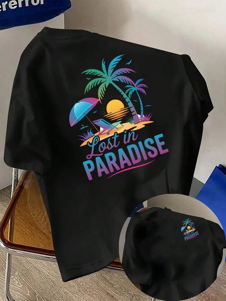 New Men's T-Shirt Made Of 180g Heavyweight Cotton, Featuring A Tropical Beach And Vacation Style, With A Front And Back Print. Fashionable And Short-Sleeved, Suitable For Casual Daily Wear And Outdoor Fitness Activities. Unique Double-Sided Pattern Design - Perfect For Spring And Autumn As An Inner Layer And For Summer As A Standalone Garment. Unisex. - 黑色 - 查看 1