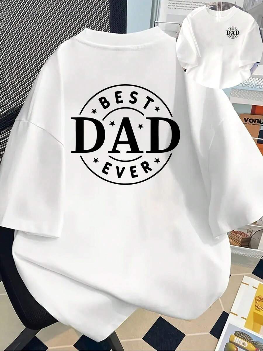 New 180g Short-Sleeved T-Shirt, 1% Cotton, With Front And Back Print - Best Dad, DAD - Fashionable Printed T-Shirt For Women, Short-Sleeved, Suitable For All Seasons, Clothing - Can Be Worn As A Base Layer In Spring And Autumn Or Alone In Summer, Unisex. - 白色 - 查看 1