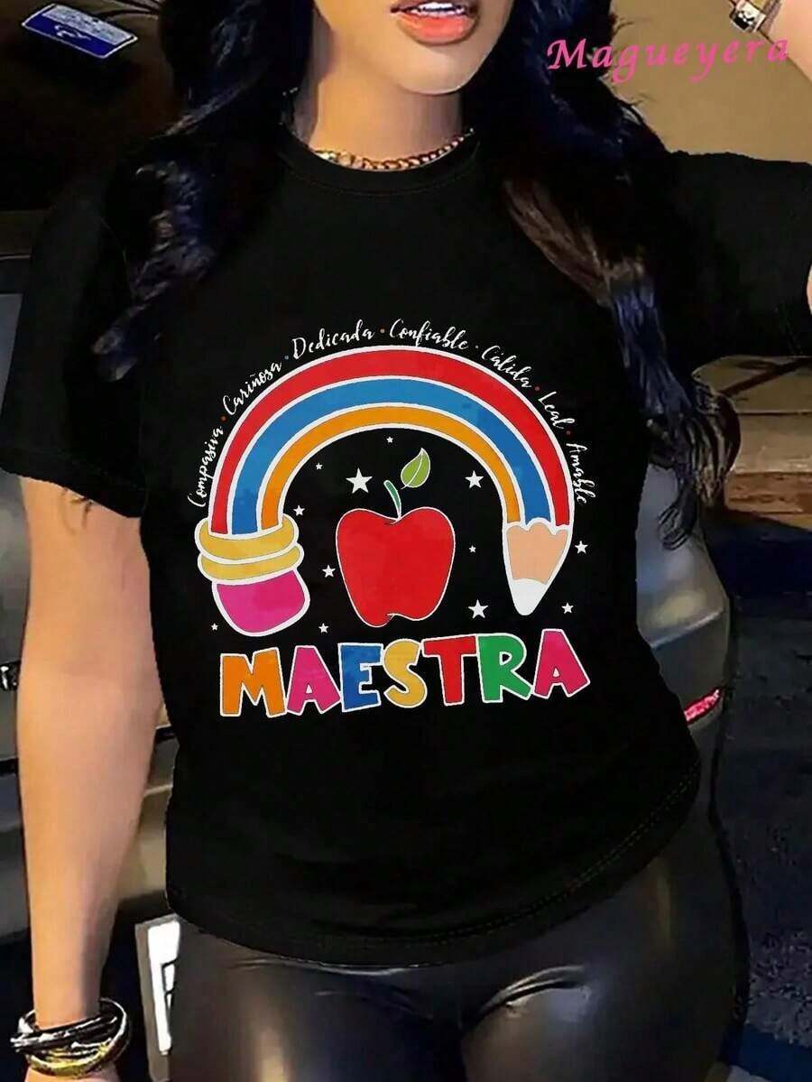 The Simple And Versatile MGY Women's Soft T-Shirt, Featuring A Rainbow-Colored Pencil Print, Makes An Ideal Gift For Teachers And Is Perfect For Back-To-School And Summer Fashion. It's Suitable For Casual Wear In All Seasons. Available In Sizes S, M, L, XL, XXL, XXXL, And Made From Pure Cotton. - 黑色 - 查看 1