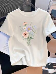 Women's Minimalist Modern Floral Print T-Shirt - Soft Pink, Casual Everyday Top, Essential For Spring, Summer And Autumn - Korean And Japanese Street Style Basic For Casual Daily Wear. - 白色 - 查看 1