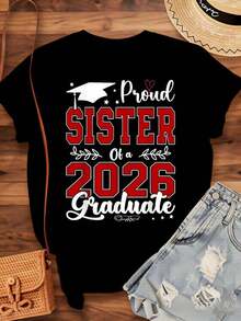 "Proud Sister Of A Class Of 2026 Graduate" T-Shirt, Graduation Gift For Siblings, Family Celebration Outfit, 220g - Urban Vintage Style, Unisex, 100% Pure Cotton Short Sleeve T-Shirt - 黑色 - 查看 4
