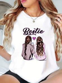 Women's Casual Short-Sleeved Top With Best Friend Pattern Design - [White] - View 6
