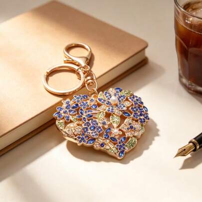 Sparkling Blue Floral Heart Keychain, Gold-Tone With Rhinestone & Faux Pearl, Elegant Bag Charm, Ideal For Handbag Decor & Women's Gift
