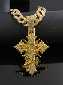 1pc Fully Rhinestoned Woven Cross Pendant, Designed For Men, Hip Hop Style Accessory, Street Fashion - Cross Pendant Necklace - View 10