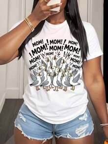 "Mommy Mommy Mommy Duck" Family T-Shirt - Funny Mother's Day Gift For Women, Casual T-Shirt With Cute Animal Print For Summer, 220g - Unisex Urban Vintage Style, 100% Pure Cotton Short Sleeve T-Shirt. - 白色 - 查看 3