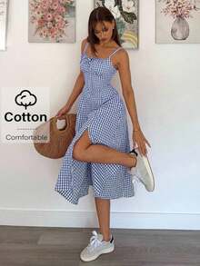 Vestido a media pantorrilla con tirantes a cuadros para mujeres, de moda y apropiado para el verano - Azul y blanco - Ver 12