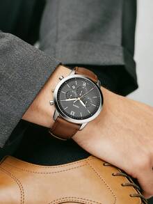 Fossil Men's Chronograph Watch Silver Tone Grey Dial Brown Leather Strap Two Tone Rose Gold Accent Business Casual Analog Watch for Office Meeting Weekend Road Trip Ideal Gift for Him on Birthday Fathers Day Graduation Perfect for Refined Retro Inspired Gentlemen - 棕色 - 查看 3
