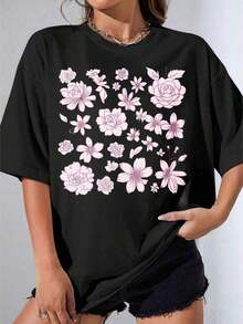 Camiseta Negra y Blanca para Mujer con Estampado Floral, Diseño de Rosas Blancas y Rosas Rosadas y Flores de Cerezo, Atuendo Casual de Verano para Mujer, Camiseta Estampada para Fiestas al Aire Libre - Negro - Ver 1