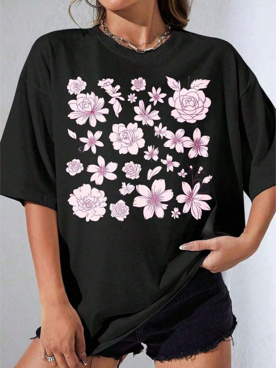 Camiseta Negra y Blanca para Mujer con Estampado Floral, Diseño de Rosas Blancas y Rosas Rosadas y Flores de Cerezo, Atuendo Casual de Verano para Mujer, Camiseta Estampada para Fiestas al Aire Libre - Negro - Ver 1