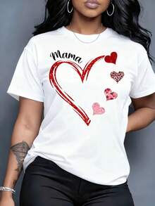 Cool Casual T-Shirt With Mom Heart Design For Women, Mother's Day Gift, Red Glitter Heart Design, White Round Neck Top, For Leisure At Home, Outdoors, Valentine's Day Party Gift, Fashion. - 白色 - 查看 7