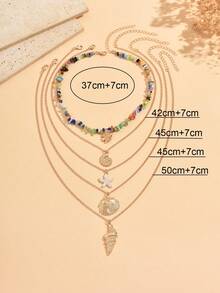 5pcs/Set Beachy Colorful Stone Necklace Set, Multi-Layer Design With Seashell Pendants, Suitable For Daily Wear, Beach Vacation And Music Festivals. The Number, Size And Color Arrangement Of The Stones Are Random. - Multicolor - View 4