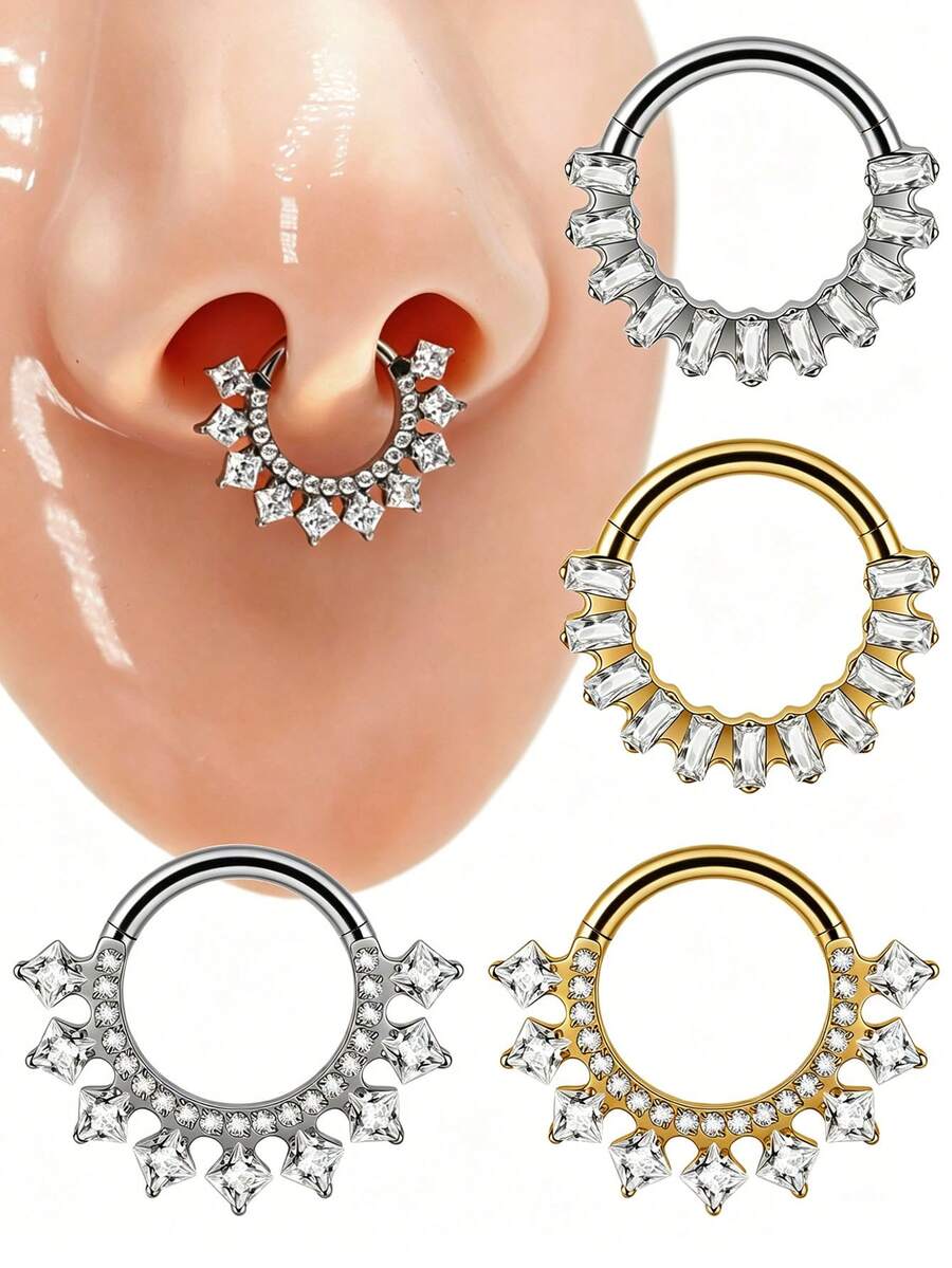 1 chiếc khuyên tai hình vuông bằng titan G23 đính đá Zirconia, khuyên tai Daith có bản lề, khuyên tai hình chữ nhật đính đá Zirconia dùng cho vách ngăn mũi, khuyên tai Tragus, Helix và sụn tai. - Như thể hiện trong hình ảnh - Xem 1