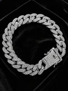 1pc 15mm Shiny Chunky Chain Design Rhinestone Inlaid Hip Hop Style Bracelet + Necklace Set, Suitable For Daily Outfit And Party Decoration - 13mm Dragon Beard Buckle - View 23