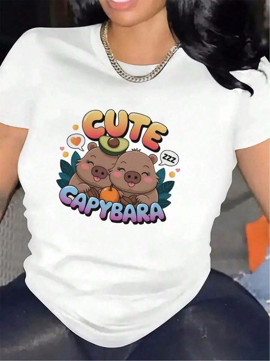 Wo's Short-Sleeved Capybara Print T-Shirt, Made From 100% Premium Cotton. Lightweight And Perfect For Casual Wear At Home Or In A Cafe, Featuring Fun Animal Designs And Bright Colors. Great Gift Idea. - 白色 - 查看 1