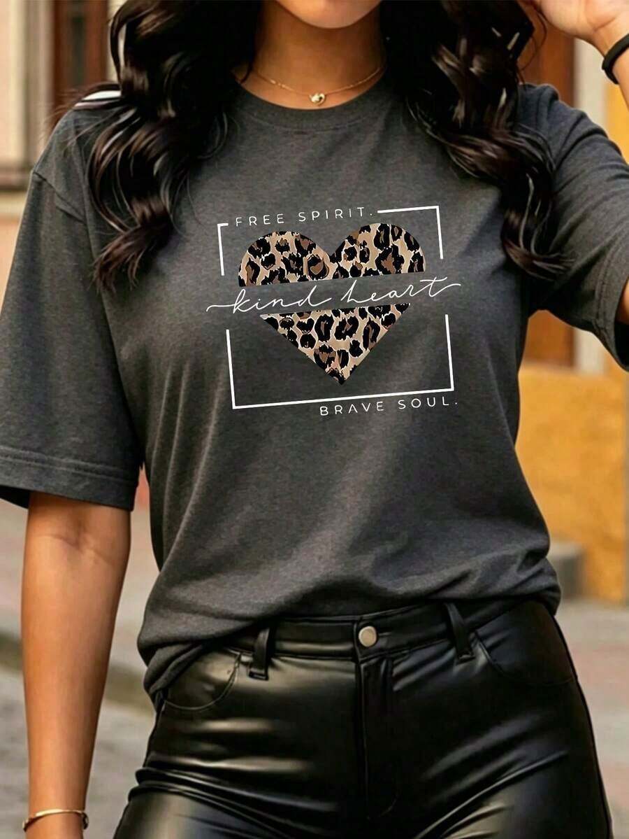 Women's Casual Short Sleeve T-Shirt, Round Neck, Drop Shoulders, With Leopard Heart Print, Regular Length - Dark Grey - View 1