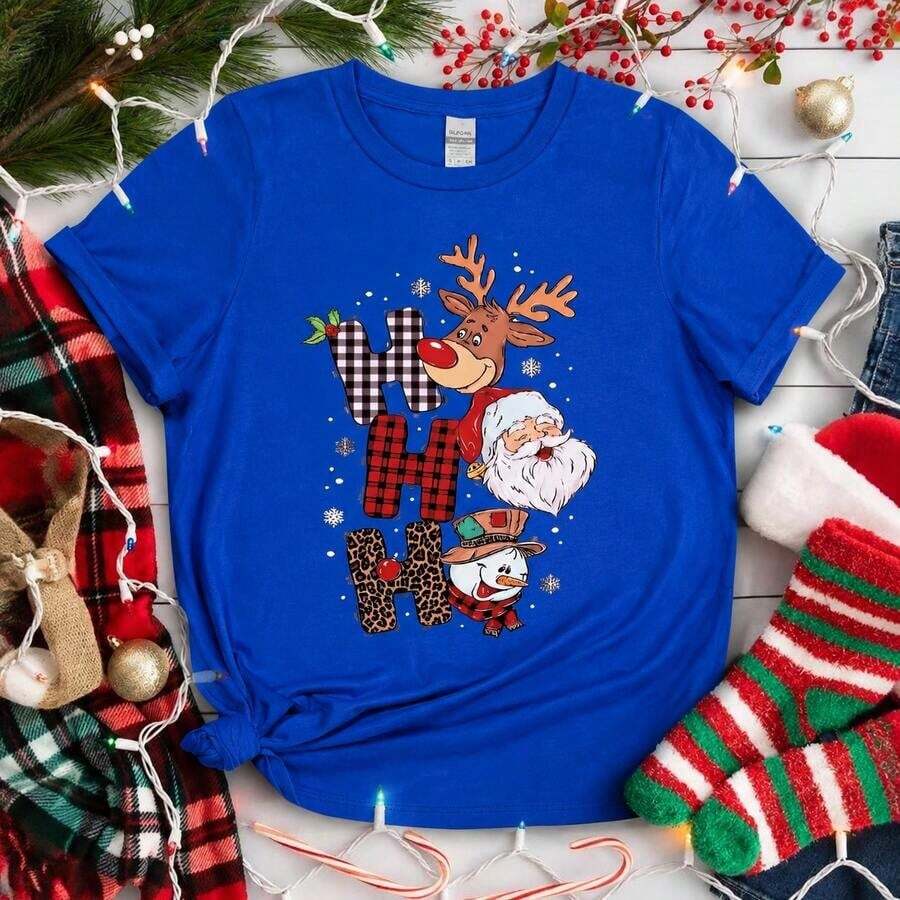 GiftSanta Claus Short Sleeve Christmas T-Shirt With Round Neck, Breathable Graphic Print Of Santa Claus, Letter H, Snowman And Reindeer, Casual Shirt, New Christmas Gift For Women, TopSoft - 藍色 - 查看 1
