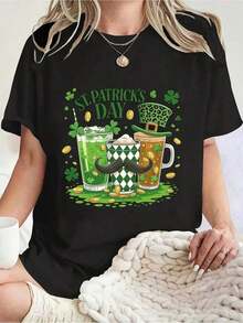 Women's T-Shirt For St. Patrick's Day, With Beer And Green Drink Design, Mustache And Shamrocks, Festive Party Outfit, New Arrivals, Women's Clothing, Gifts For Women - 黑色 - 查看 2