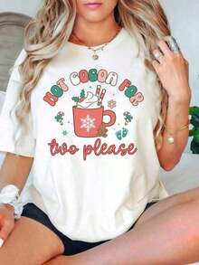 100% Cotton Christmas Pregnancy Announcement T-Shirt, Please Hot Chocolate For Two, Winter Baby Reveal T-Shirt, Christmas Pregnancy T-Shirt, Festive Maternity T-Shirt, Women's Simple Solid Color T-Shirt, Loose And Slim Fit Casual Short Sleeve - 白色的 - 查看 10