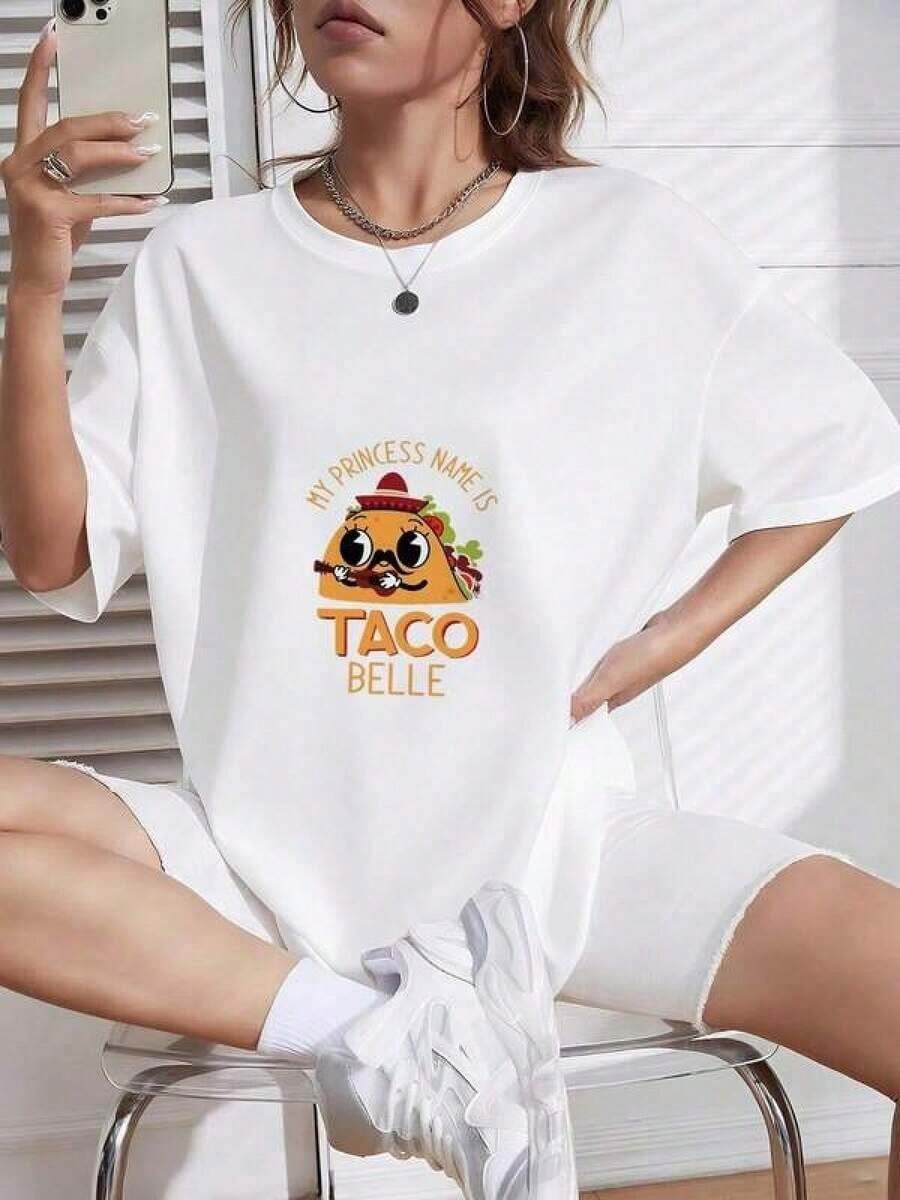 Cute Taco Belle Cartoon Print Pure Cotton Short Sleeve T-Shirt, Fun Mexican Style For Summer And Spring_406_t1 AHXZ Women's T-Shirts - 白色 - 查看 1