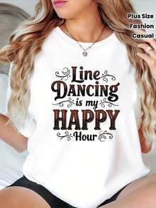 FashionNEW Line Dancing Is My HAPPY Hour Plus Size Women's Casual Fashion T-Shirt With Vintage Style Print, Round Neck, For Spring And Summer, For Daily Wear, Shopping And Parties - Unisex Loose Cotton Short Sleeve Round Neck T-Shirt With Urban Vintage Style - 白色 - 查看 2