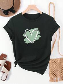 Women's Summer T-Shirt With White And Mint Green Heart Print - Casual Crew Neck Top, Short Sleeves, Relaxed Fit. Available In: Gray With A Green Heart Or White With A Mint Green Painted Detail – Ideal For Everyday Wear And Casual Beach Looks. Lightweight, Machine-Washable Fabric Perfect For Spring/Summer Layering. Breathable Fabric Ideal For Warm Weather. - 黑色 - 查看 1