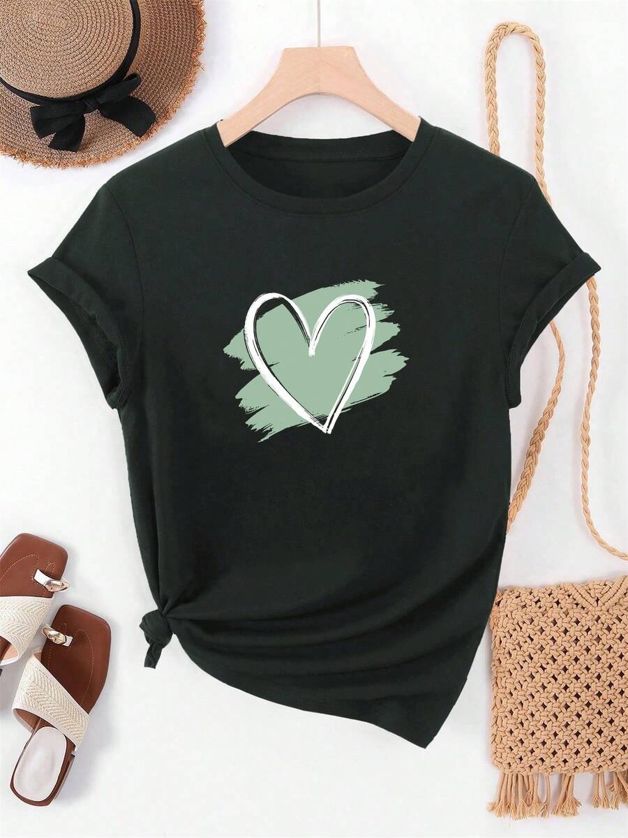Women's Summer T-Shirt With White And Mint Green Heart Print - Casual Crew Neck Top, Short Sleeves, Relaxed Fit. Available In: Gray With A Green Heart Or White With A Mint Green Painted Detail – Ideal For Everyday Wear And Casual Beach Looks. Lightweight, Machine-Washable Fabric Perfect For Spring/Summer Layering. Breathable Fabric Ideal For Warm Weather. - 黑色 - 查看 1