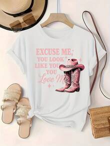Women's T-Shirt With 'Sorry' Cowboy Hat Print - Casual Crew Neck Short Sleeve T-Shirt, Pink Western Style With Playful Graphic Design, Women's T-Shirts - 白色 - 查看 1