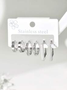 Set de 6 pendientes de aro de acero inoxidable minimalistas y lisos, aptos para uso diario - Multicolor C - Ver 3
