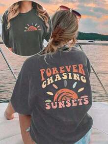 Camiseta de Verano de Alta Gama para Mujer, 1 Pieza, Camiseta de Manga Corta de Talla Grande para Mujer con Diseño Estampado, Perfecta para Usar en Verano. También incluye una camiseta con el estampado "Forever Chasing Sunsets", ideal para viajes a la playa. - Blanco - Ver 3