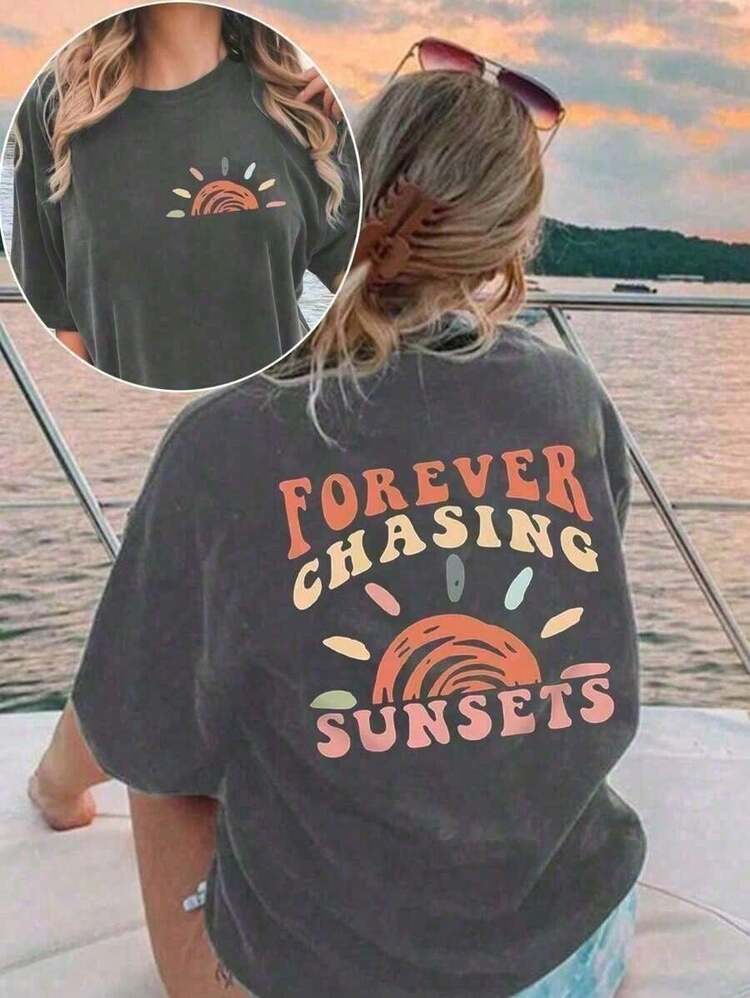Camiseta Casual de Verano para Mujer, 1 Pieza, Camiseta de Talla Grande para Mujer con Diseño Estampado, Perfecta para Usar en Verano.También incluye una camiseta con el estampado "Forever Chasing Sunsets", ideal para viajes a la playa. - Rojo - Añade 6