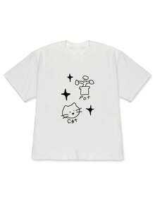 2026 Spring And Summer Style, Elegant Women's Party Clothes With Off-Shoulder Design, Cat, Flower Pot And Star Print T-Shirt, A-Line Style, Unisex Loose Fit Short Sleeve Casual Top - High Quality For Summer - 白色1 - 查看 1