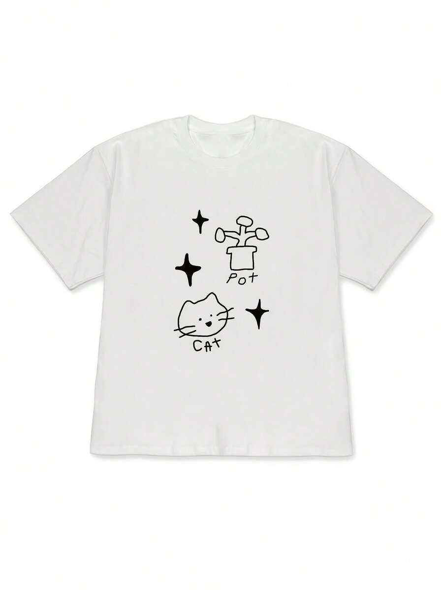 2026 Spring And Summer Style, Elegant Women's Party Clothes With Off-Shoulder Design, Cat, Flower Pot And Star Print T-Shirt, A-Line Style, Unisex Loose Fit Short Sleeve Casual Top - High Quality For Summer - 白色1 - 查看 1