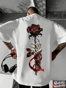 Men's Short-Sleeved Art T-Shirt With A Striking Red Rose And Skull Hand Design. This Casual Summer Top Is Suitable For Parties, Concerts, And Everyday Wear, As Well As For The Beach, Outdoor Sports, And More. | Casual Wear For All Seasons, Plus Size - 白色 - 查看 8