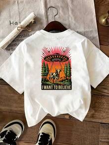 | Exquisite Design | Loose And Comfortable | Easy To Match | T-Shirt With Front And Back Print, UFO Cow Design, Flying Saucer Cow Print, Round Neck, Short Sleeve, Casual Cut, Comfortable And Pleasant To The Touch Fabric, Classic Design, A Must-Have Fashion Item For Women. - 白色 - 查看 2