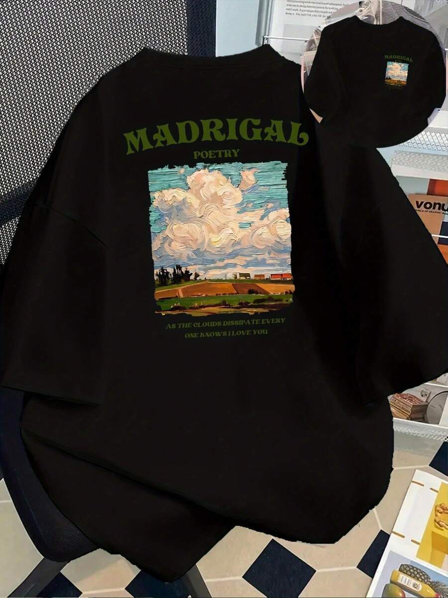 | Exquisite Design | Loose And Comfortable | Easy To Match | Short-Sleeved Printed T-Shirt With Designs On The Front And Back - MADRIGAL POETRY, When The Clouds Dissipate Everyone Knows I Love You - Fashionable Printed T-Shirt For Women, Spring/Summer, Your Best Choice! - 黑色 - 查看 1