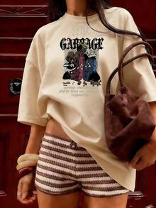 T-Shirt With "GARBAGE" Text And Dark Urban Graphic,  Short-Sleeved T-Shirt For Spring And Summer 2026, Made In Mexico, 180 Grams. Cartoon Print, Couple Design, Suitable For Indoor Or Outdoor Wear. Crew Neck, Unisex, Ideal For Office And Leisure. One-Pack. - APR-P631577SLNDXZGY620 - 查看 4