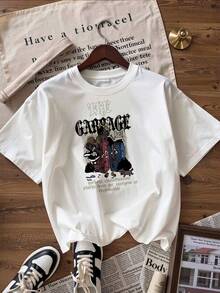 T-Shirt With "GARBAGE" Text And Dark Urban Graphic,  Short-Sleeved T-Shirt For Spring And Summer 2026, Made In Mexico, 180 Grams. Cartoon Print, Couple Design, Suitable For Indoor Or Outdoor Wear. Crew Neck, Unisex, Ideal For Office And Leisure. One-Pack. - WH-P631577SLNDXZGY620 - 查看 4