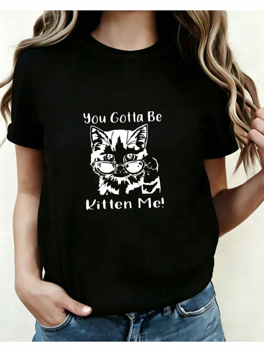 Women's Casual Sports T-Shirt - Black Elastic Round Neck T-Shirt With Cat Illustration And Humorous Text, Machine Washable, Comfortable Fit For All Seasons, Perfect For Cat Lovers. - Black - View 1