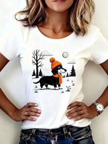 Women's Printed T-Shirt With Dachshund Design - Casual Short Sleeve Crew Neck T-Shirt, Relaxed Fit For All Seasons, Perfect For Everyday Wear And Holiday Outfits (Machine Washable). For Fair Skin Tone Women. - 白色 - 查看 7