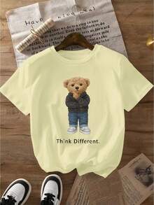 Women's Casual T-Shirt With Cartoon Bear Print - "THINK Different" Print, Soft And Stretchy, Round Neck And Short Sleeves, Ideal For The Gym And Outdoor Activities - Available In Multiple Colors And Sizes, Cute And  Printed T-Shirt, Stretchy Fabric, Fashionable Printed Top 180g 100% Cotton. - 黑色 - 查看 6