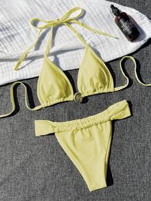 Conjunto de bikini de unicolor con concha de metal para mujer, vacaciones, playa, verano - Multicolor - Ver 2