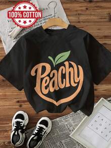 | Exquisite Design | Loose And Comfortable | Easy To Match | Women's Spring And Summer Top, Vintage Style, Peach Letter Print, Pure Cotton, Casual Daily Wear, Short Sleeve, Round Neck, Women's T-Shirt. - 黑色 - 查看 1