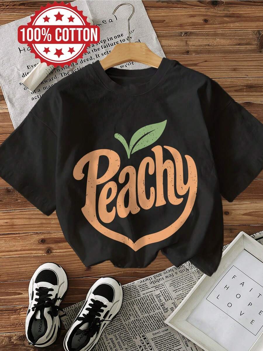 | Exquisite Design | Loose And Comfortable | Easy To Match | Women's Spring And Summer Top, Vintage Style, Peach Letter Print, Pure Cotton, Casual Daily Wear, Short Sleeve, Round Neck, Women's T-Shirt. - 黑色 - 查看 1