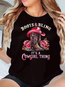 Boots And Glitter: It's A Western Style T-Shirt With Text And Print, Crew Neck, Western Theme, Gift For Women, 220g T-Shirt. Suitable As A Gift. Women's T-Shirt. Blouses>Elegant. Boho Chic, Soft, Breathable And Comfortable Women's Top, Ideal For Spring, Summer And Autumn, Perfect For Vacations, Travel And Everyday Wear. - 黑色 - 查看 1