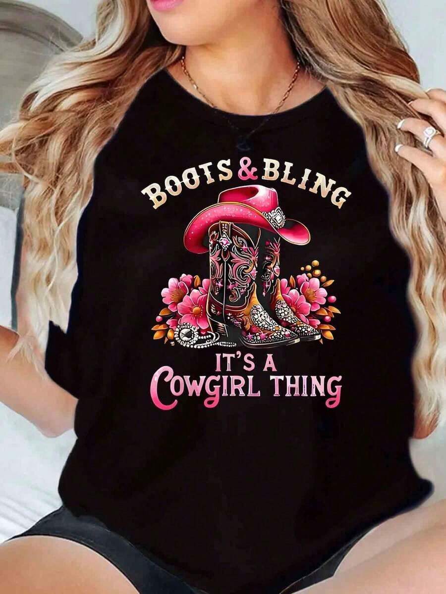 Boots And Glitter: It's A Western Style T-Shirt With Text And Print, Crew Neck, Western Theme, Gift For Women, 220g T-Shirt. Suitable As A Gift. Women's T-Shirt. Blouses>Elegant. Boho Chic, Soft, Breathable And Comfortable Women's Top, Ideal For Spring, Summer And Autumn, Perfect For Vacations, Travel And Everyday Wear. - 黑色 - 查看 1