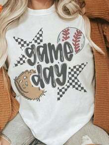 Baseball Game Day T-Shirt For Mom | Baseball Graphic Tee | Star Plaid Sports T-Shirt | Cute Game Day Outfit For Women, Crew Neck, 100% Cotton, Soft Fabric, Short Sleeve - 白色 - 查看 7