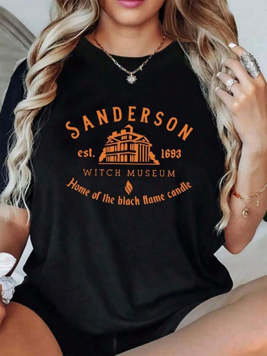 Moda Corte Women's SANDERSON Print Loose Oversized T-Shirt - 100% Cotton, Polyester Knit Fabric With Round Neck, All-Season Comfort, Festive Holiday Top, 1 Piece, 200gsm - 黑色 - 查看 1